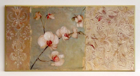 Obraz - Białe kwiaty orchidei z ornamentami - reprodukcja A4456 na płycie 81x41 cm. - Obrazy Reprodukcje Ramy | ergopaul.pl