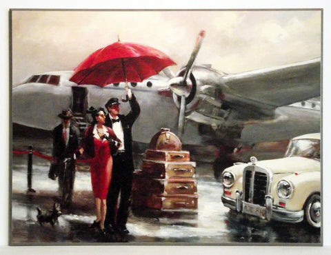 Obraz - Para pod czerwonym parasolem na lotnisku - reprodukcja AB3638 na płycie 81x61 cm. - Obrazy Reprodukcje Ramy | ergopaul.pl