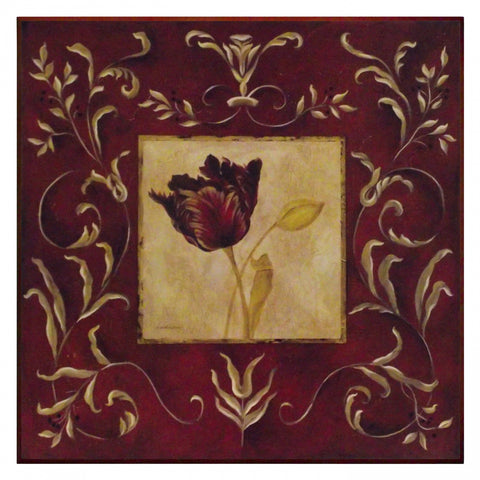 Obraz - Bordowy Tulipan na tle roślinnych ornamentów - reprodukcja A3666EXna płycie 61x61 cm. - Obrazy Reprodukcje Ramy | ergopaul.pl