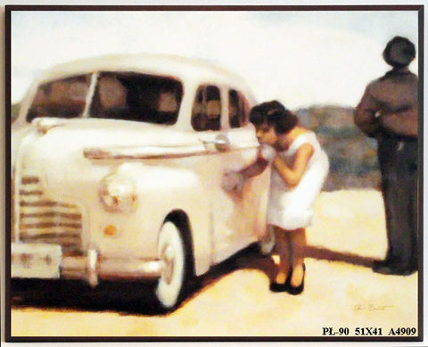 Obraz - Kobieta z białym samochodem retro - reprodukcja na płycie A4909 51x41 cm - Obrazy Reprodukcje Ramy | ergopaul.pl