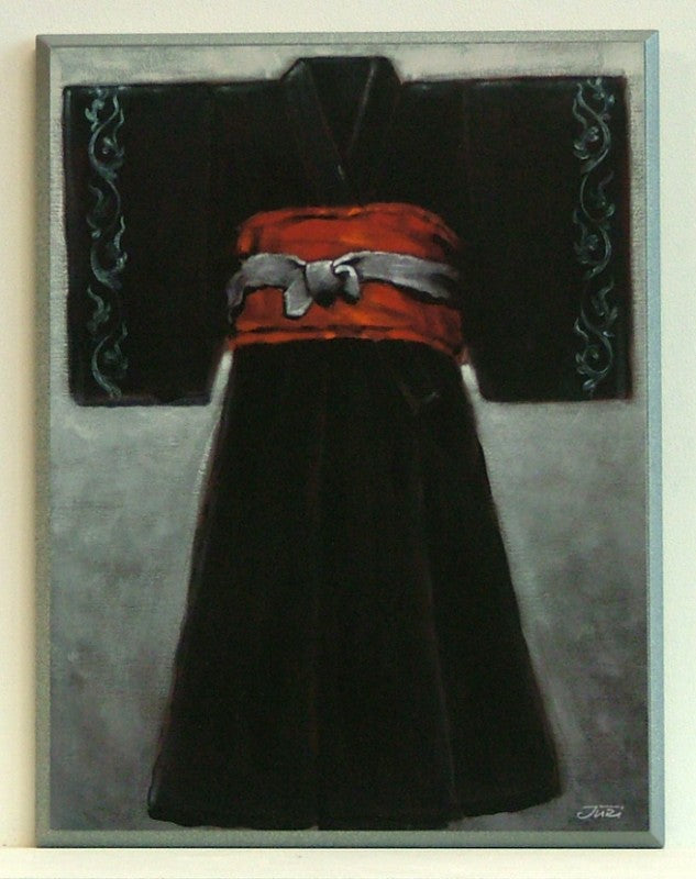 Obraz - Czarne kimono z czerwonym pasem - reprodukcja JDP1106 na płycie 31x41 cm. - Obrazy Reprodukcje Ramy | ergopaul.pl