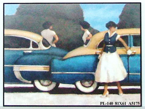 Obraz - Dziewczyny przy samochodach retro - reprodukcja na płycie A5175 81x61 cm - Obrazy Reprodukcje Ramy | ergopaul.pl