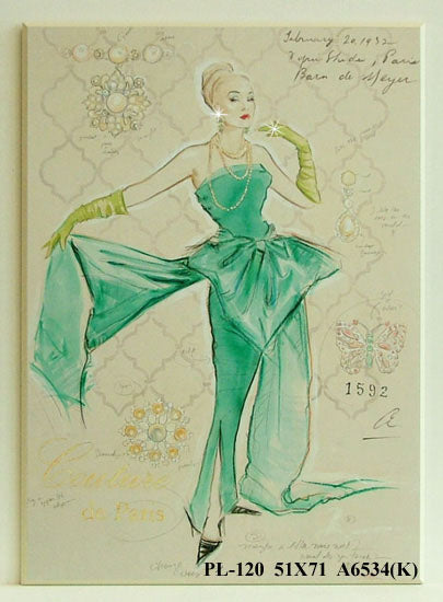 Obraz - Kobieta w zielonej sukni z biżuterią z kryształków - reprodukcja na płycie A6534 51x71 cm. OSTATNIA SZTUKA - Obrazy Reprodukcje Ramy | ergopaul.pl