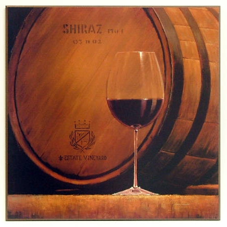 Obraz - Monte Royale, kieliszek czerwonego wina na tle beczki - reprodukcja na płycie A5897 71x71 cm - Obrazy Reprodukcje Ramy | ergopaul.pl