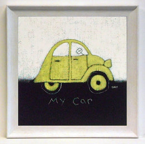 Obraz - Na tablicy, żółty samochodzik - reprodukcja w ramce A2981 25x25 cm. - Obrazy Reprodukcje Ramy | ergopaul.pl