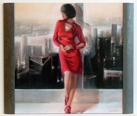 Obraz - Dziewczyna w czerwonej sukience, stojąca w oknie - reprodukcja w półramie TC1069 70x70 cm - Obrazy Reprodukcje Ramy | ergopaul.pl