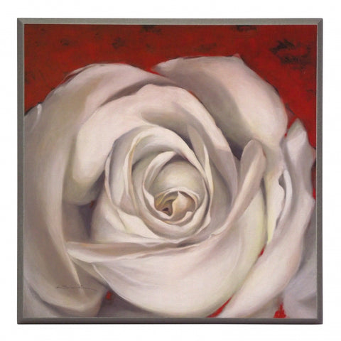Obraz - Biały kwiat Róży na czerwonym tle - reprodukcja AWO240 na płycie 31x31 cm. - Obrazy Reprodukcje Ramy | ergopaul.pl