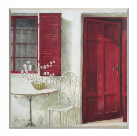 Obraz - Czerwone drzwi i okiennica z kwiatami - reprodukcja na płycie A6098 51x51 cm - Obrazy Reprodukcje Ramy | ergopaul.pl