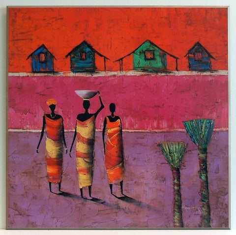 Obraz - Afrykanki z naczyniami, na tle wioski - reprodukcja na płycie A5609 71x71 cm - Obrazy Reprodukcje Ramy | ergopaul.pl