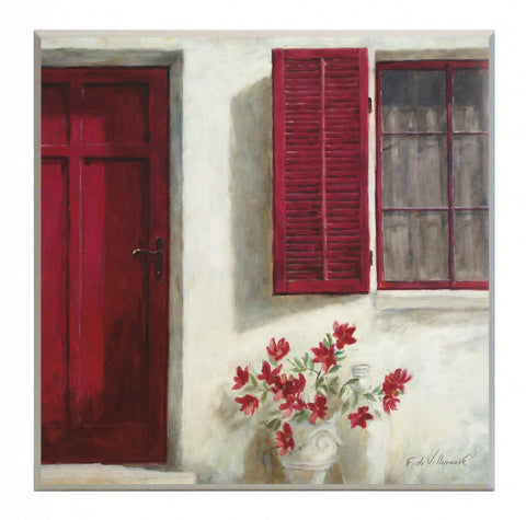 Obraz - Czerwone drzwi i okiennica z kwiatami - reprodukcja na płycie A6099 51x51 cm - Obrazy Reprodukcje Ramy | ergopaul.pl