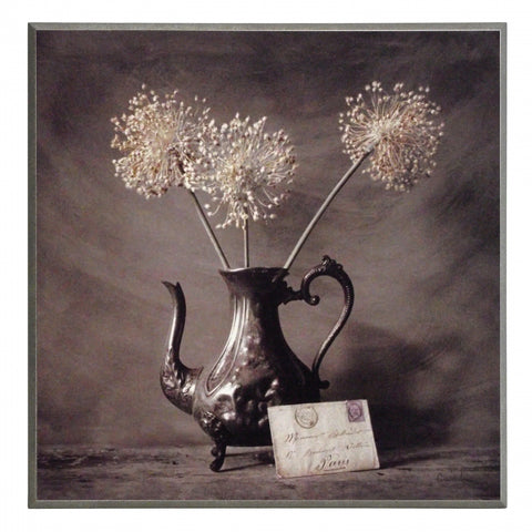 Obraz - Zasuszone kwiaty czosnku w metalowym wazonie - reprodukcja na płycie A3792EX 31x31 cm - Obrazy Reprodukcje Ramy | ergopaul.pl