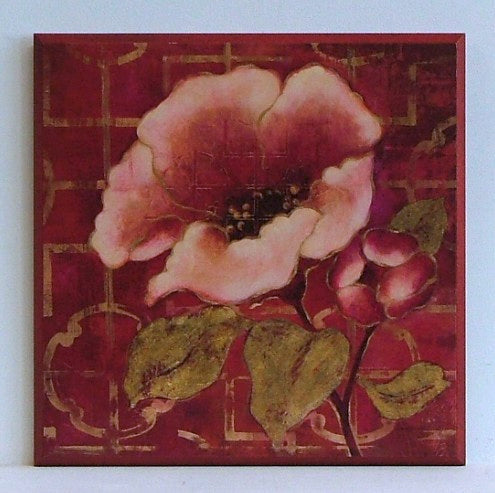 Obraz - Czerwono-złote kwiaty na tle mozaiki - reprodukcja na płycie A6531 31x31 cm - Obrazy Reprodukcje Ramy | ergopaul.pl