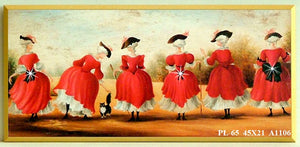 Obraz - Czerwone stroje, panie w sukniach stojące tyłem, ozdobione kryształkami - reprodukcja na płycie A1106 45x21 cm - Obrazy Reprodukcje Ramy | ergopaul.pl
