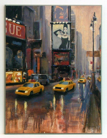 Obraz - Nowojorska ulica z taksówkami i Audrey Hepburn - reprodukcja na płycie A7167 61x81 cm - Obrazy Reprodukcje Ramy | ergopaul.pl