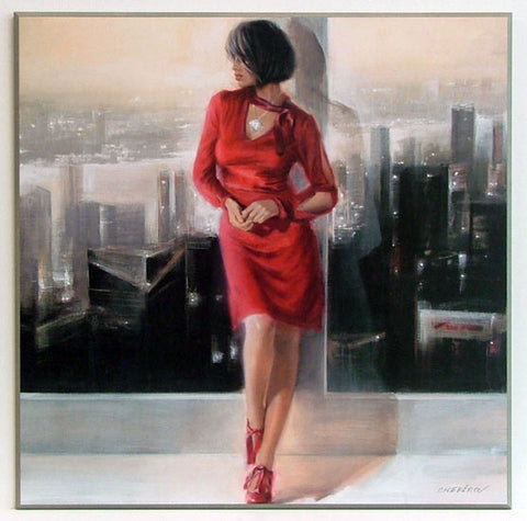 Obraz - Dziewczyna w czerwonej sukience, stojąca w oknie - reprodukcja na płycie TC1069 71x71 cm - Obrazy Reprodukcje Ramy | ergopaul.pl