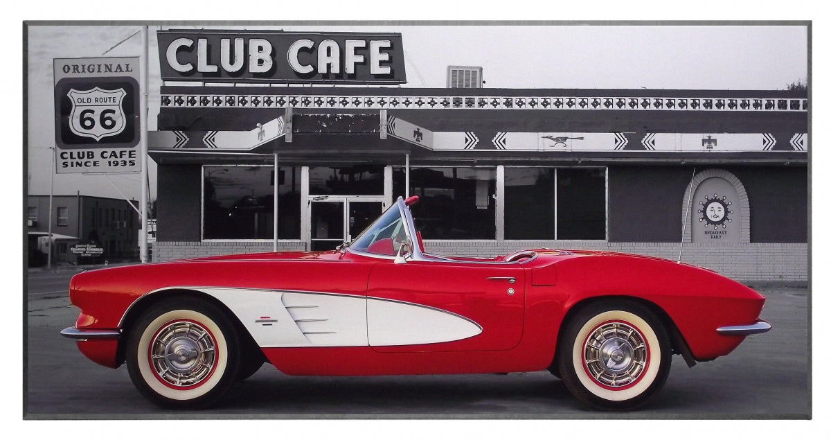 Obraz - Samochód przed amerykańska restauracją, czerwona Corvetta przed Cafe Klubem - Decograph 2AP180 101x51 cm. - Obrazy Reprodukcje Ramy | ergopaul.pl