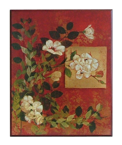 Obraz - Białe kwiaty na gałązkach na tle czerwieni i złota - reprodukcja na płycie A5556 41x51 cm - Obrazy Reprodukcje Ramy | ergopaul.pl