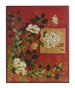 Obraz - Białe kwiaty na gałązkach na tle czerwieni i złota - reprodukcja na płycie A5556 41x51 cm - Obrazy Reprodukcje Ramy | ergopaul.pl