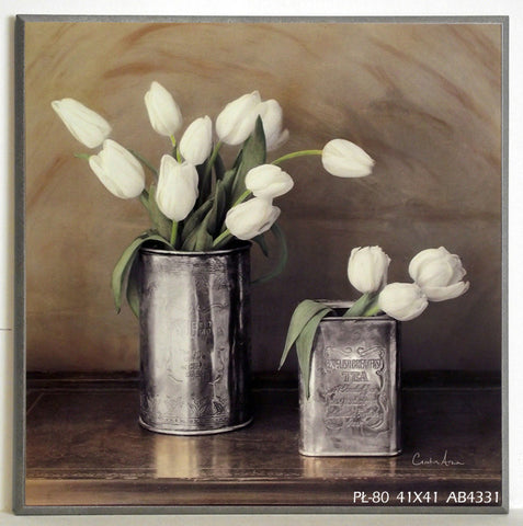 Obraz - Białe tulipany w puszce - reprodukcja na płycie AB4331 41x41 cm - Obrazy Reprodukcje Ramy | ergopaul.pl